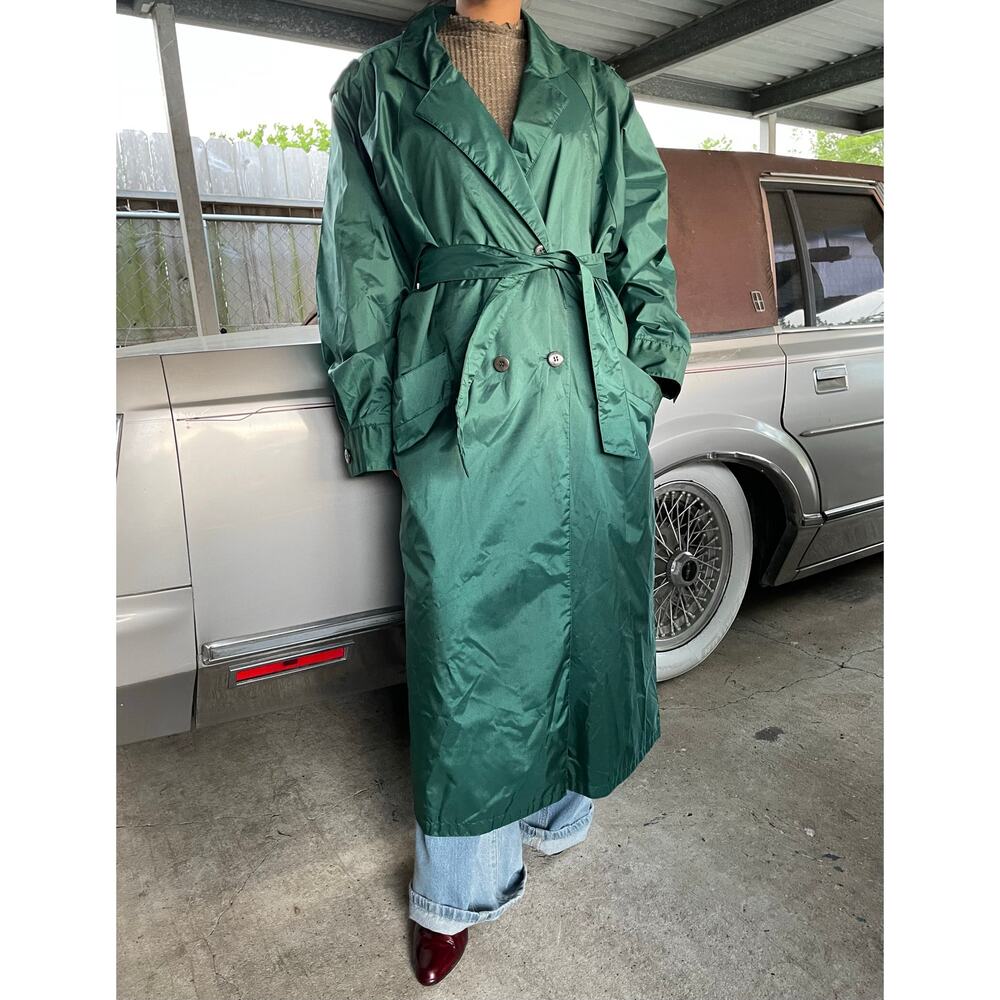 🔥VTG J. Gallery Emerald Green Long Rain Trench Coat Quilt Lined Minimalist 9/10